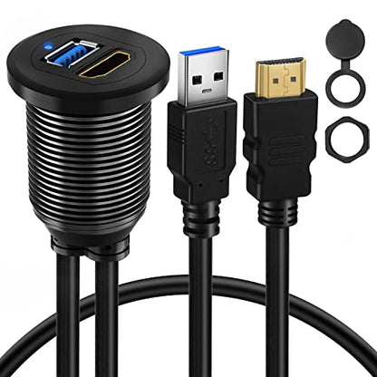 USB 3.0 HDMI Car Mount Flush USB Port Cable, Alloy Shell HDMI USB3.0 Dash Panel Extension Cable with LED Indicator for Car Boat Motorcycle -3ft - style: USB3.0 & HDMI 3ft