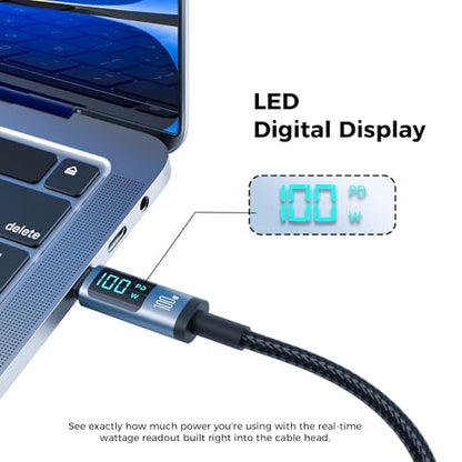 TANSEY USB C to USB C Cable, Type C 100watt Fast Charging Cable with Led Display 6Ft Length, Nylon Braid Cable for iPhone 16 Series, Samsung and More, 2 Pack, Blue