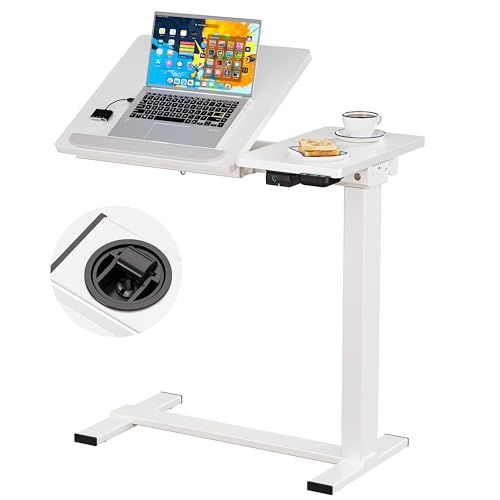 BIZUM Small Electric Standing Desk, Overbed Table Wireless Tilt Top with Hidden Wheels, 27.6×15.8 Inch Adjustable Rolling Laptop Desk, USB-C Rechargeable Battery, White - color: White