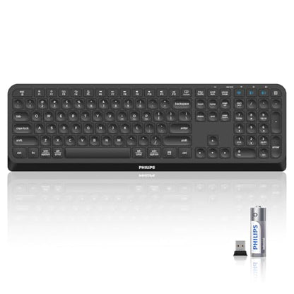 PHILIPS Full-Size Slim Wireless Bluetooth Keyboard, 108-Key with Number Pad, 3-Device Switching, 2.4GHz + Bluetooth, Quiet Low-Profile Keyboard for Windows, Mac, iPad and Android, Laptop, PC