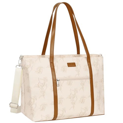 Laptop Bag for Women 17 Inch, Leather Laptop Tote Bag Waterproof Computer Bag Office Work Bag Business Briefcase with Compartment&Shoulder Straps (A3-Beige/Brown Flower, 17.3 inch) - color: A3-beige/Brown Flower
