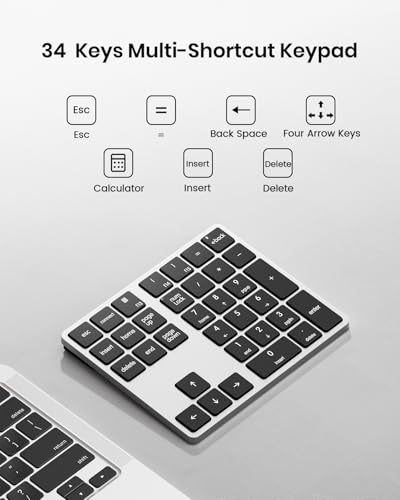 Kisnt KN300BT Bluetooth Number Pad for Laptop, 34- Key Wireless Rechargeable Numeric Keypad Portable External Numpad for MacBook, Tablets, Mac, iOS, Android, Windows PC - style: 34 Keys Wireless Numpad