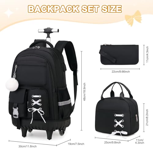 Scothen Rolling Backpack for Girls, Girls Backpack Set with Lunch Box & Pencil Pouch for Teen Girl Kids Children Elementary Middle School, Bookbag Daypack Laptop Travel Backpack with Wheels (Black) - color: Black