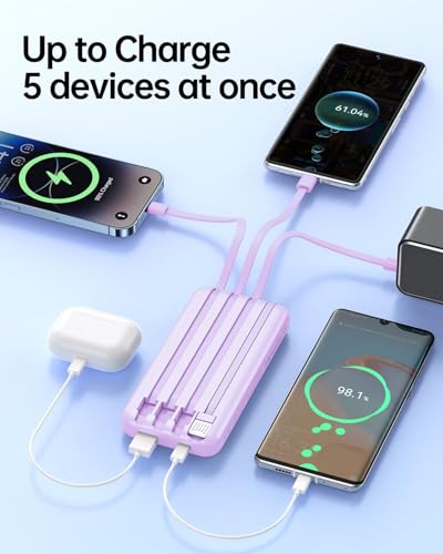 RONEGN Portable Charger with Built in Cable -20000mAh Fast Charging Power Bank USB C Slim 22.5W LED Display Battery Pack 5 Outputs & 3 Inputs for Travel Essentials iPhone Samsung Phones Purple - color: Purple