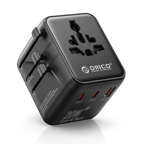ORICO Universal Travel Adapter 100W GaN International Power Adapter | 7 in 1 (2 AC, 3 USB-C, 2 USB-A) European Travel Plug Adapter, Built-in Retractable USB-C Cable for Eu UK AU 200+ Countries - color: Black, size: 20W