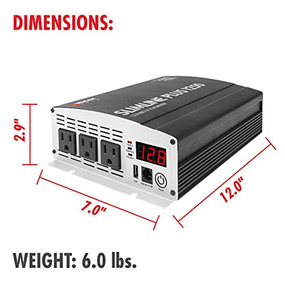 Wagan EL3732 1250W Slimline Plus AC to DC Power Inverter 1250 Watt TrueRated Continuous 2600 Watt Surge Power DC 12V to AC 110V Illuminated Display 2 AC Outlets and 2A USB Charging Port - size: 1250W