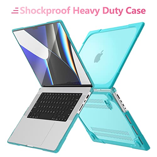 Batianda Heavy Duty Case for MacBook Pro 14 inch 2026-2021, Blue | Fits M5/M4/M3/M2/M1 Pro Max Chip, Ergonomic Foldable Stand Holds 22 lbs, Shockproof Bumper, Matte Translucent Hard Shell - color: Cyan