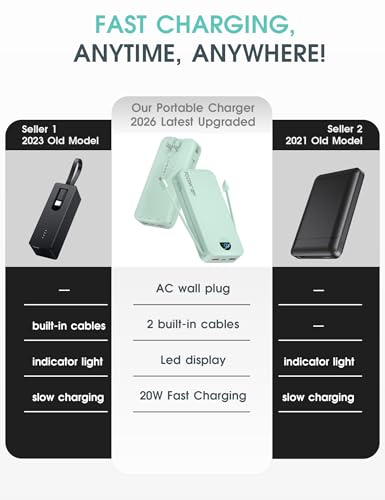 citicr Portable Charger 20000mAh PD20W w/Built-in Cables & Wall Plug Green | High capacity, Fast charging, Built-in wall plug, LED display, Charge 5 devices at once, Pass through charging, TSA approved - color: Green-20000mah