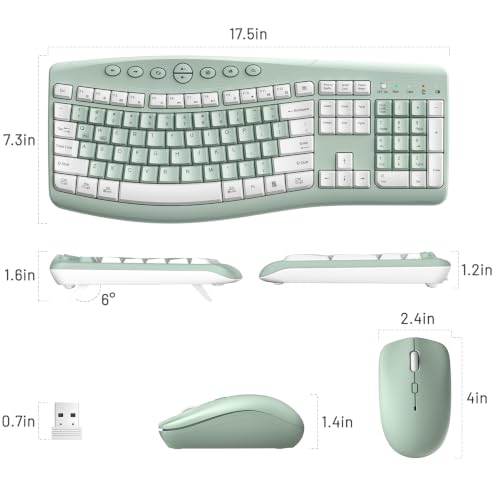 Wireless Keyboard and Mouse Combo Silent Ergonomic Curved Design for Office - color: Avocado green-A