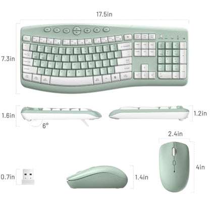 Wireless Keyboard and Mouse Combo Silent Ergonomic Curved Design for Office - color: Avocado green-A