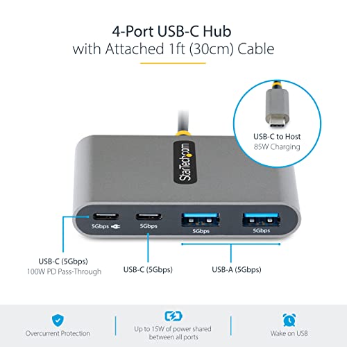 StarTech 4-Port USB-C Hub 5Gbps with 100W PD (5G2A2CPDB-USB-C-HUB) | 2x USB-A, 2x USB-C, 100W PD pass-through, USB Powered, 85W host charging, Portable USB-C splitter, 1ft 30cm cable
