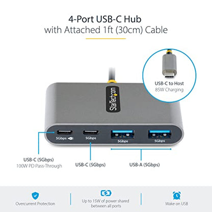 StarTech 4-Port USB-C Hub 5Gbps with 100W PD (5G2A2CPDB-USB-C-HUB) | 2x USB-A, 2x USB-C, 100W PD pass-through, USB Powered, 85W host charging, Portable USB-C splitter, 1ft 30cm cable