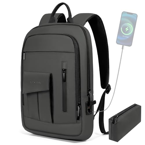 Business Backpack for Men Slim Lightweight Laptop Backpack for 17.3 Inch Computer Water Resistant Small Office Backpack for Commute Travel Daily Office Work with Small Bag (Grey, 17.3") - color: Grey, size: 17.3", style: With Pocket