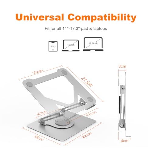 GRIFEMA Laptop Stand for Desk, Foldable Laptop Riser with 360° Swivel Base, Adjustable Height & Angle, Ventilated Computer Stand Compatible with MacBook Air/Pro, Dell, and 11-17" Laptops - Silver - color: Silver