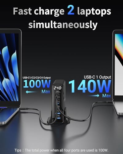 TOPADRE 240W USB C Charger with Display, 6 Ports Desktop Charging Station, PD3.1 140W Fast Charging Block for MacBook, iPad, iPhone 16/17, Galaxy S25/S24, Steam Deck, Dell XPS and More - color: Black