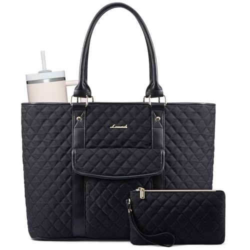 LOVEVOOK Laptop Tote Bag for Women 15.6 Inch,Waterproof Computer Bag for Laptop for Womens,Quilted Travel Work Tote Bags for Women,Stylish Laptop Bag Purse with Luggage Sleeve for Teacher,Nurse,Office - color: Black(quilted)-2, size: 15.6 Inch