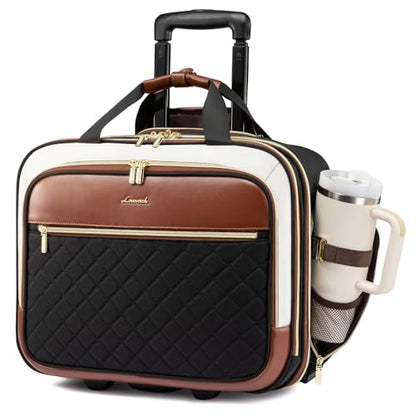 LOVEVOOK Rolling Laptop Bag for Women, Underseat Carry On Bag with Wheels | Fits 17.3 Inch Laptop, 30L Capacity, Silent Wheels, Rolling Briefcase, Carry On Luggage, Personal Item for Work Travel - color: Black-brown-white