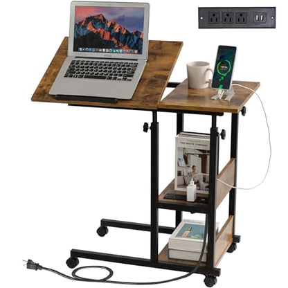 Hadulcet Adjustable C Table with Charging Station, Tiltable Desk C Shaped End Table for Couch, Over Bed Table with Wheels Adjustable Height, Hospital Table Laptop Stand Drawing Desk, Rustic Brown - color: Romantic Brown, style: Upgrade