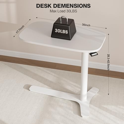 Muvai Overbed Bedside Table with Hidden Casters,30 Inches Adjustable Height Pneumatic Mobile Laptop Standing Desk, Rolling Computer Table for Home & Hospital Use ，White 30" W x 17.7" D - color: White