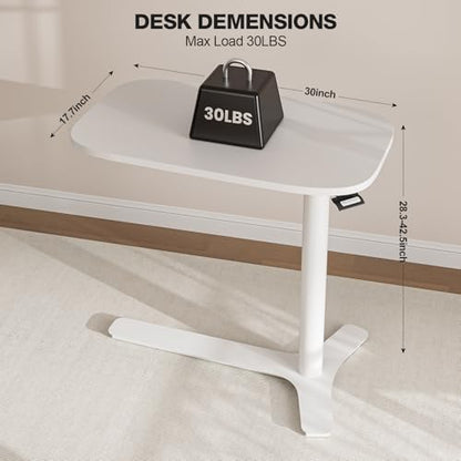Muvai Overbed Bedside Table with Hidden Casters,30 Inches Adjustable Height Pneumatic Mobile Laptop Standing Desk, Rolling Computer Table for Home & Hospital Use ，White 30" W x 17.7" D - color: White
