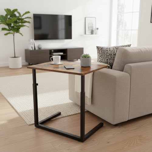 Height Adjustable C-Shaped Sofa Side Table, Laptop Table for Couch & Bed, Rustic Brown - color: Rustic Brown