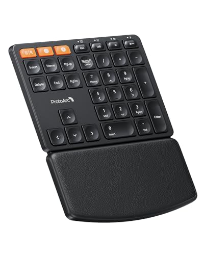 ProtoArc EK04 N Ergonomic Wireless Number Pad with Wrist Rest - Black | Full Size Numeric Keypad, 2-Device Bluetooth/2.4G, Rechargeable, for Windows PC/Laptop, Mac OS