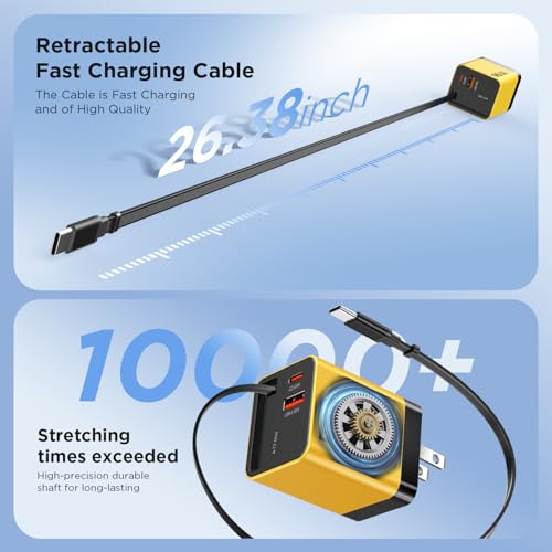 65W GaN USB C Charger with Retractable Charging Cable, 3-Port Power Adapter | Fast travel charger for MacBook, iPhone 17 16 15, Samsung Galaxy S25/S24, iPad, multi port compact wall charging block,Yellow - color: Yellow