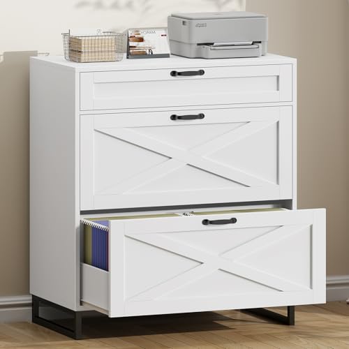 Halitaa 3 Drawers Lateral File Cabinet for Home Office, White and Black | Filing Cabinet for Letter/Legal/A4 Size Hanging Files, Large Wood File Storage Cabinet Printer Stand - color: White and Black