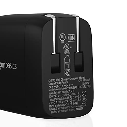 Amazon Basics 30W One-Port Foldable GaN USB-C Wall Charger with Power Delivery PD for Tablets & Phones (iPhone 16/15/14/13/12/11/X, iPad, Samsung, and More), Compact Travel Charger, Non-PPS, Black - color: Black, style: 30W (1 USB-C)
