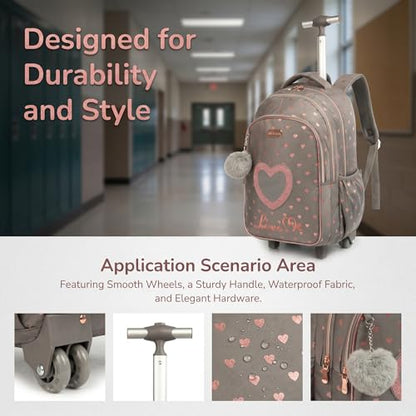 School Bags Kids Rolling Backpack for Girls Kids Luggage Suitcase With Wheels - color: Coffee23-3-6