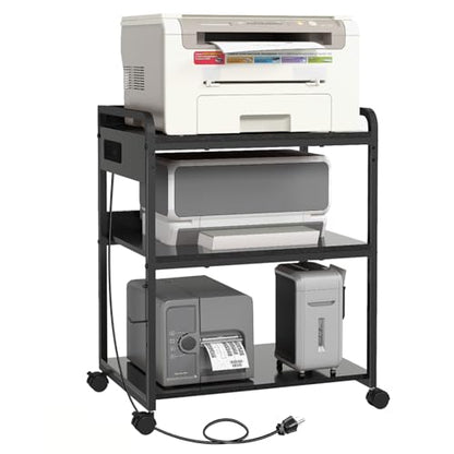 Livofloral Printer Stands with Charging Station, 25.2 x 18.9 Inch Large Printer Stand with Wheels for Home Office, 3 Tier Printer Table with Power Outlet USB Port, Printer Shredder Stand, Black - color: Black