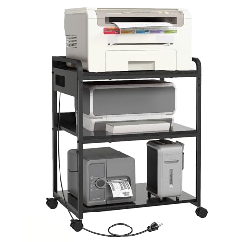 Livofloral Printer Stands with Charging Station, 25.2 x 18.9 Inch Large Printer Stand with Wheels for Home Office, 3 Tier Printer Table with Power Outlet USB Port, Printer Shredder Stand, Black - color: Black