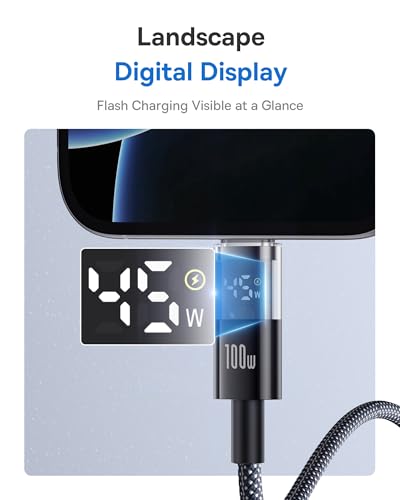 Baseus USB C Cable, 100W 5A Fast Charging USB C Charger Cable with LED Display, Zinc Alloy Nylon Braided USB C to USB C Cable for iPhone 16/Pro/Plus/Pro Max, MacBook, iPad Pro, Galaxy S24/S23 (3.3ft) - size: 3.3ft