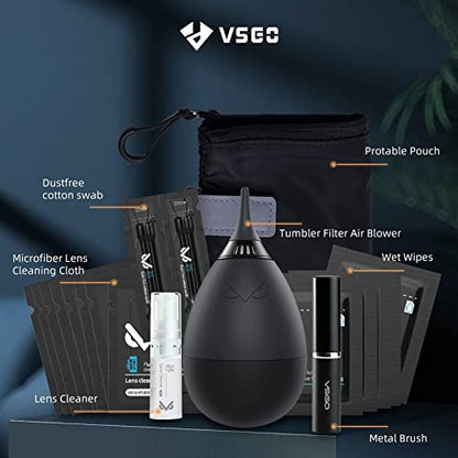 VSGO Professional Lens Cleaning Kit with Air Blower Folding Pouch Microfiber Lens Cloth Wet Wipes Lens Cleaner Metal Brush Cotton Swab Compatible for Optical Camera Lens Phone Laptop Cleaning(VS-A2E)