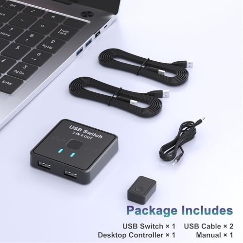 USB Switch 2 in 2 Out, USB Switcher 2 Computers Sharing Keyboard and Mouse Printer Scanner Webcam, Printer Splitter for 2 Computers, 2 Port USB Selector with 2 USB Cables and External Controller