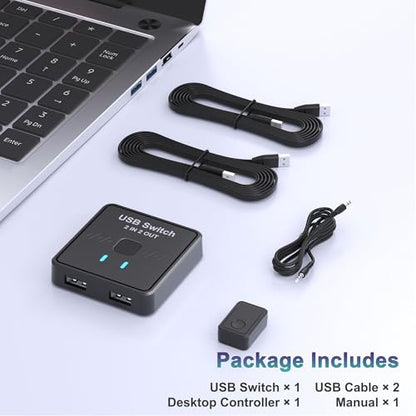 USB Switch 2 in 2 Out, USB Switcher 2 Computers Sharing Keyboard and Mouse Printer Scanner Webcam, Printer Splitter for 2 Computers, 2 Port USB Selector with 2 USB Cables and External Controller