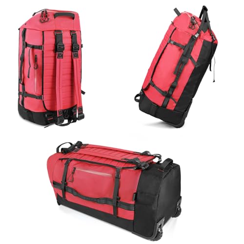Vomgomfom 86L Collapsible Wheeled Duffle Bag Waterproof, Red | Detachable Backpack Straps, Padded Laptop Sleeve, Quilted Reinforced Base, U-Shape Mesh Pocket, Shoe Compartment - color: Red