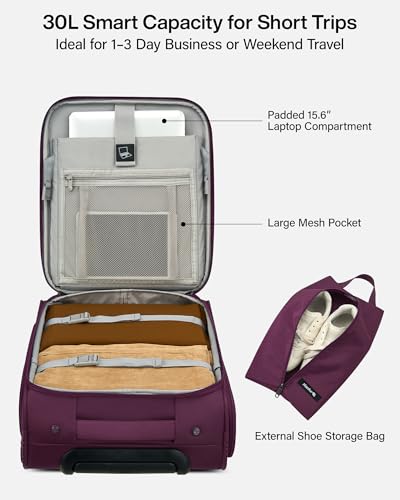 Hanke Underseat Carry On Luggage with Wheels, 17 Inch Rolling Bag, Purple | Fits 15.6 Inch Laptop, Shoe Bag Included, Small Suitcase, Softside, Trolley Sleeve, Water-Resistant, 30L Personal Item - color: Purple, size: 17 Inch Underseat Plus