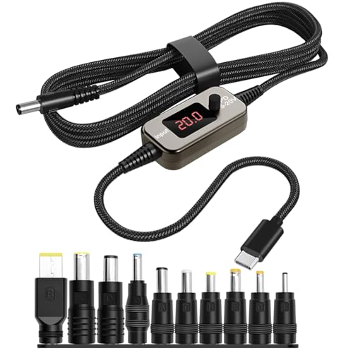 1m USB C to DC 5.5x2.1mm Adapter Universal Charger Supply 100W PD Trigger Power Converter Cable 5V/9V/12V/15V/20V Adjustable Voltage with LED Display,10 Power Plug Kit,for Laptops,Tablets