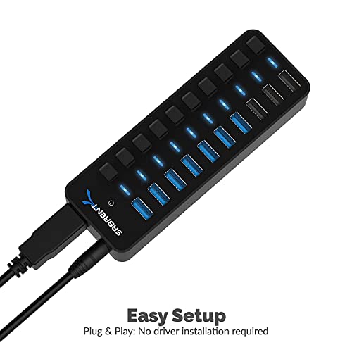 SABRENT 10-Port USB 3.0 Hub, Individual Power Switches and LEDs, 3 Smart Charging Ports, 60W Power Adapter, for PC, Mac, Xbox, PS5, Laptop, Desktop, USB Devices (HB-B7C3) - size: 10-Port - 7 USB 3.0 + 3 Charging