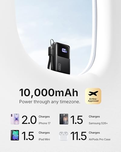 INIU Portable Charger, Ultra Mini 10000mAh 45W Fast Charging Power Bank | Flight-Safe, USB-C Cable, Travel Essential, 45W Battery Phone Pack for iPhone 17 16 Samsung S26 Google iPad etc - color: Black