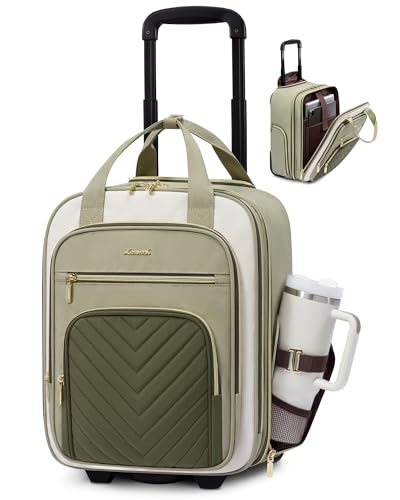 LOVEVOOK Underseat Carry On Luggage with Wheels and Giant Tumbler Holder Pocket, Soft Sided Under Seat Personal Item Suitcase for Travel, Business, Work - color: Light Green-Beige-Olive Green