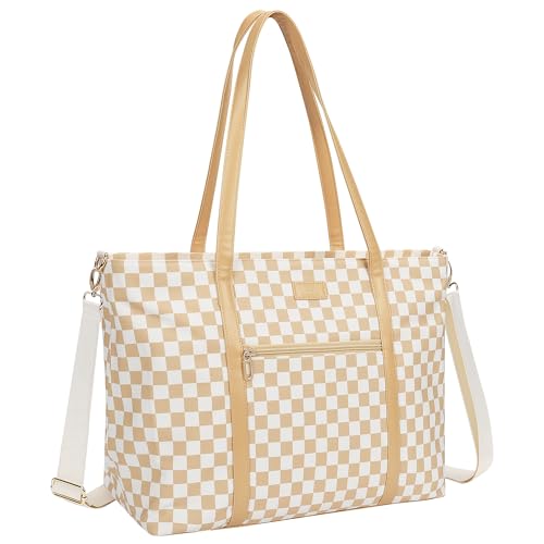 Laptop Tote Bag for Women 17 Inch, Teacher Bag with Compartments Canvas Computer Bag with 15 Pockets Work Tote Bag Travel Business Briefcase Office Handbag Bag with Shoulder Straps - color: A2-brown/Beige Canvas