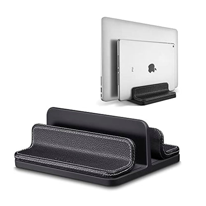 Leather Vertical Laptop Stand,Dual Laptop Holder Stand,Laptop Organizer with Adjustable Dock (18-26mm/0.7-1 in) for All MacBook/Tablet/Surface/Dell/iPad (Black)