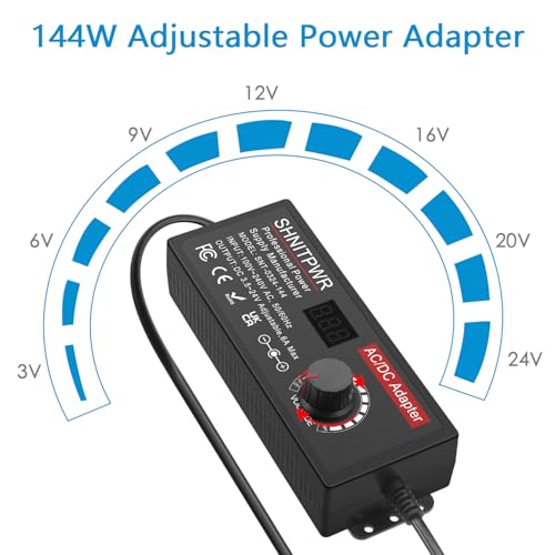 SHNITPWR Adjustable Universal Power Supply DC 4V~24V 3A 5A 6A 144W AC/DC Adapter with USB C Charger PD 100W 100V-240V AC to DC Converter Variable Power Adapter 24V,14 Tips,Alligator Clip Power Cable - size: 3.5V-24V 144W(Pro)