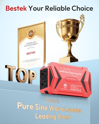 BESTEK Pure Sine Wave Power Inverter - 300W Car Plug in Charger Outlet DC 12V to 110V AC - Cigarette Lighter Adapter 4.8A Dual USB Fast Charging Ports for Laptop - Aluminum Housing - Red | Vehicle Plug in Cigarette Lighter Outlet Solar Inverter, 4.8A Dual