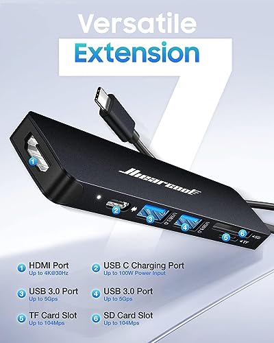 Hiearcool USB C Hub, 7-in-1 USB C Dongle for MacBook, HDMI, PD, Black - color: Black