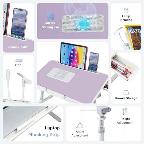 Adjustable Laptop Lap Desk with Cooling Fan USB Light for Adults 56x32cm,Purple - color: Purple+holder,56x32cm