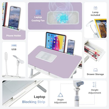 Adjustable Laptop Lap Desk with Cooling Fan USB Light for Adults 60x40cm,Purple - color: Purple+holder,60x40cm