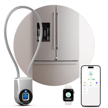Fingerprint Cable Lock, Fridge Lock with Fingerprint Bluetooth APP Control, Smart Biometric Waterproof Child-Proof Refrigerator Locks for Kids & Adults Fridge French Door Cabinet Gate - color: Silver